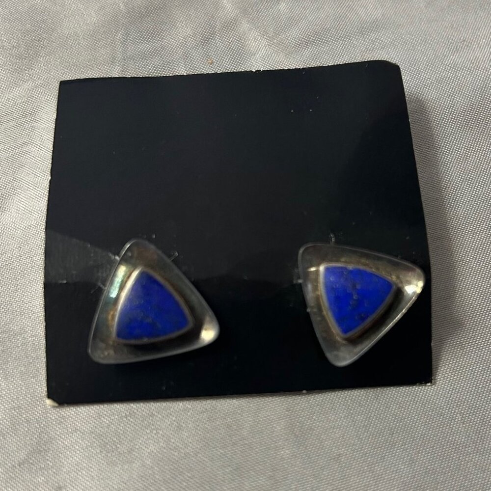 2 Sterling Silver Pair Triangle/Oval w/Lapis Lazuli Gemstones Earrings